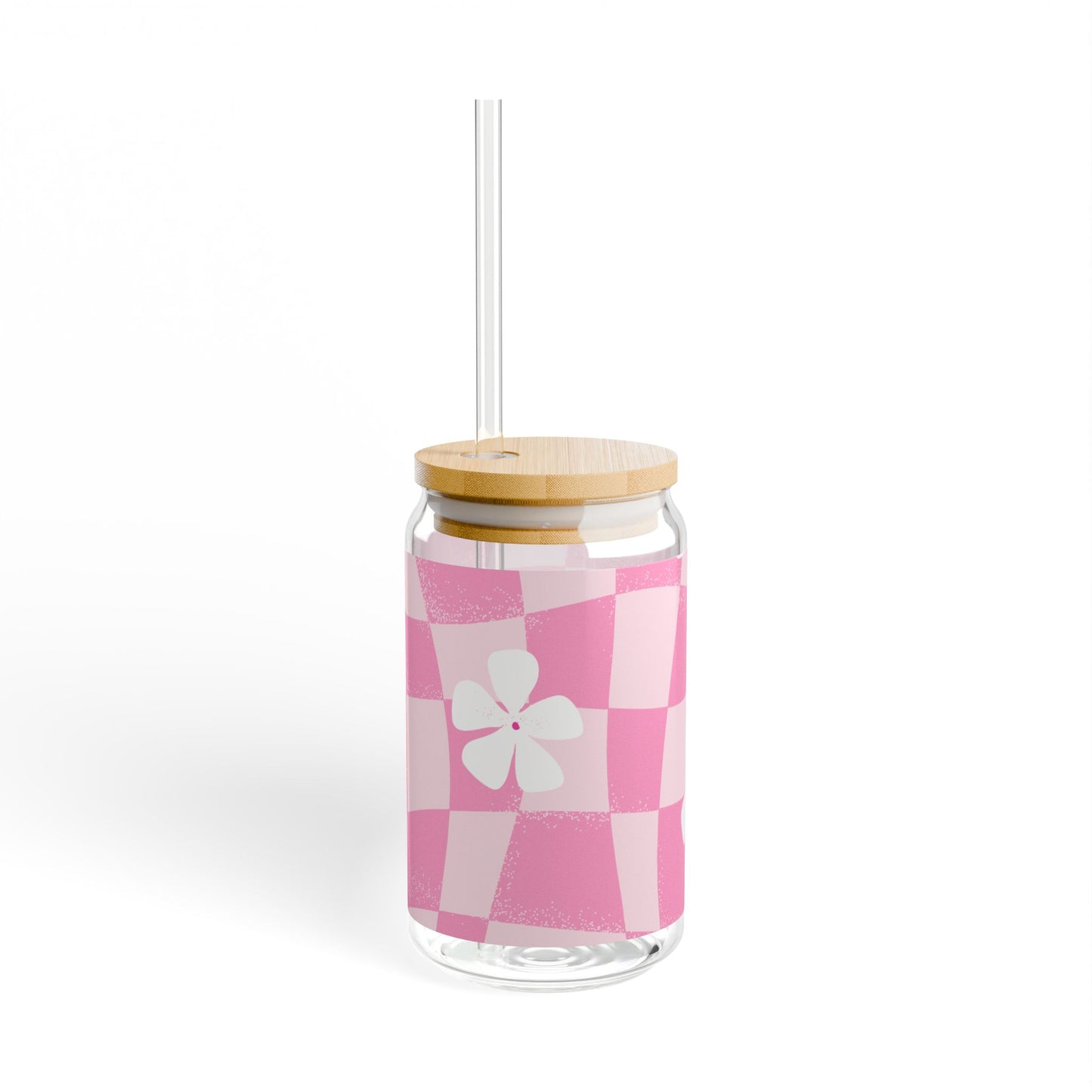 16oz Pink Checker Floral Glass Cup with Bamboo Lid and Straw