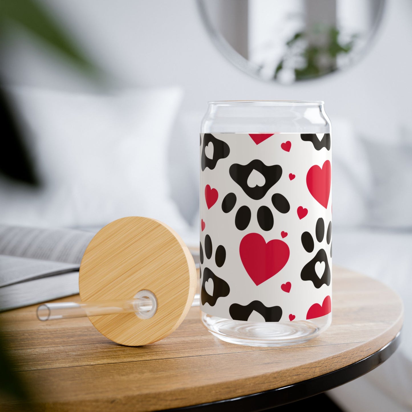 16oz Heart Paw Glass Cup with Bamboo Lid and Straw