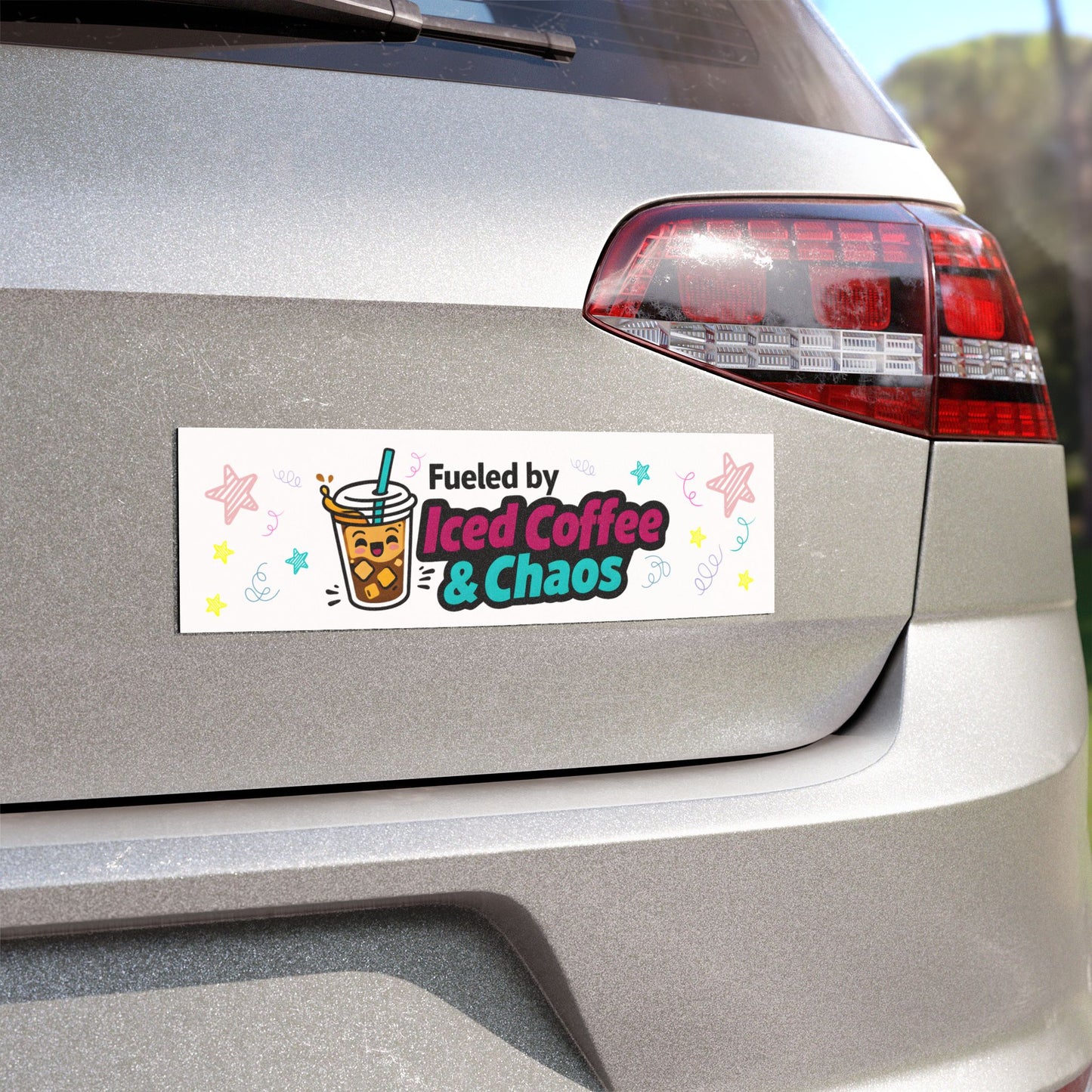 'Fueled by Iced Coffee & Chaos' - Funny Humor Car Magnet