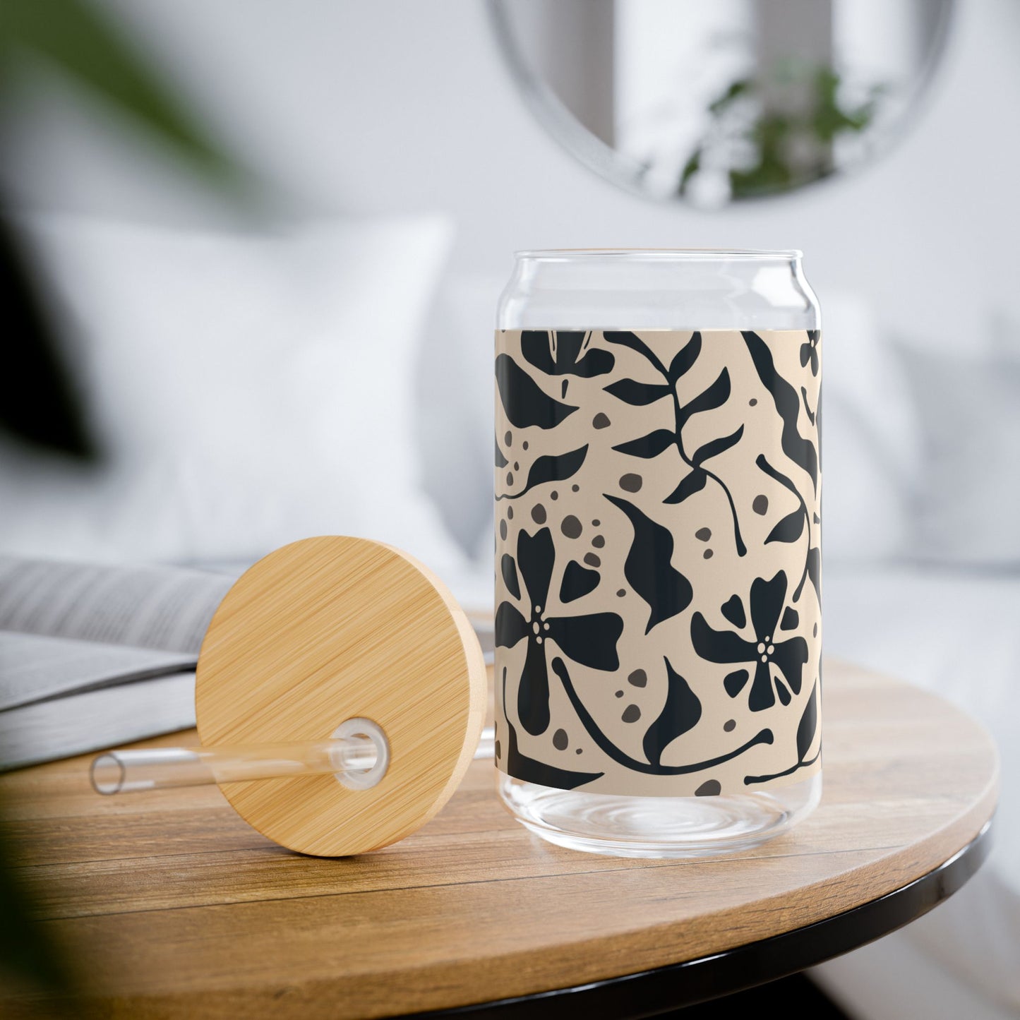 16oz Floral Glass Cup with Bamboo Lid and Straw
