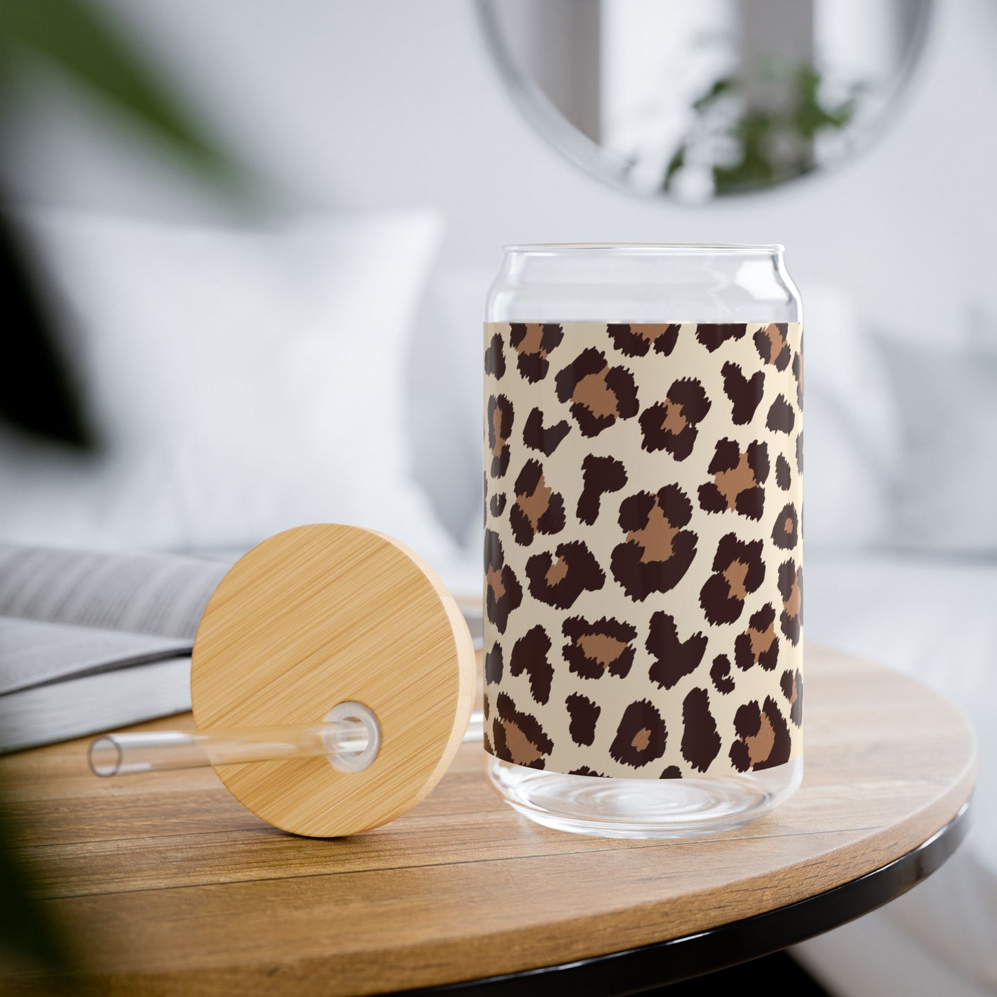 16oz Leopard Print Glass Cup with Bamboo Lid and Straw