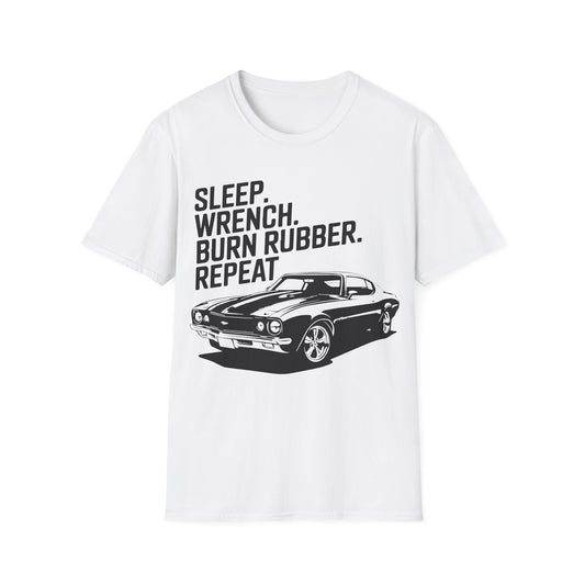'Sleep. Wrench. Burn Rubber. Repeat.' - Muscle Car T-shirt