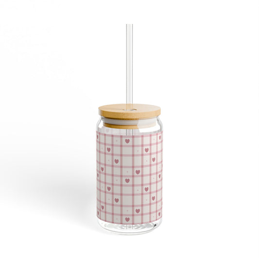 16oz Heart Grid Glass Cup with Bamboo Lid and Straw