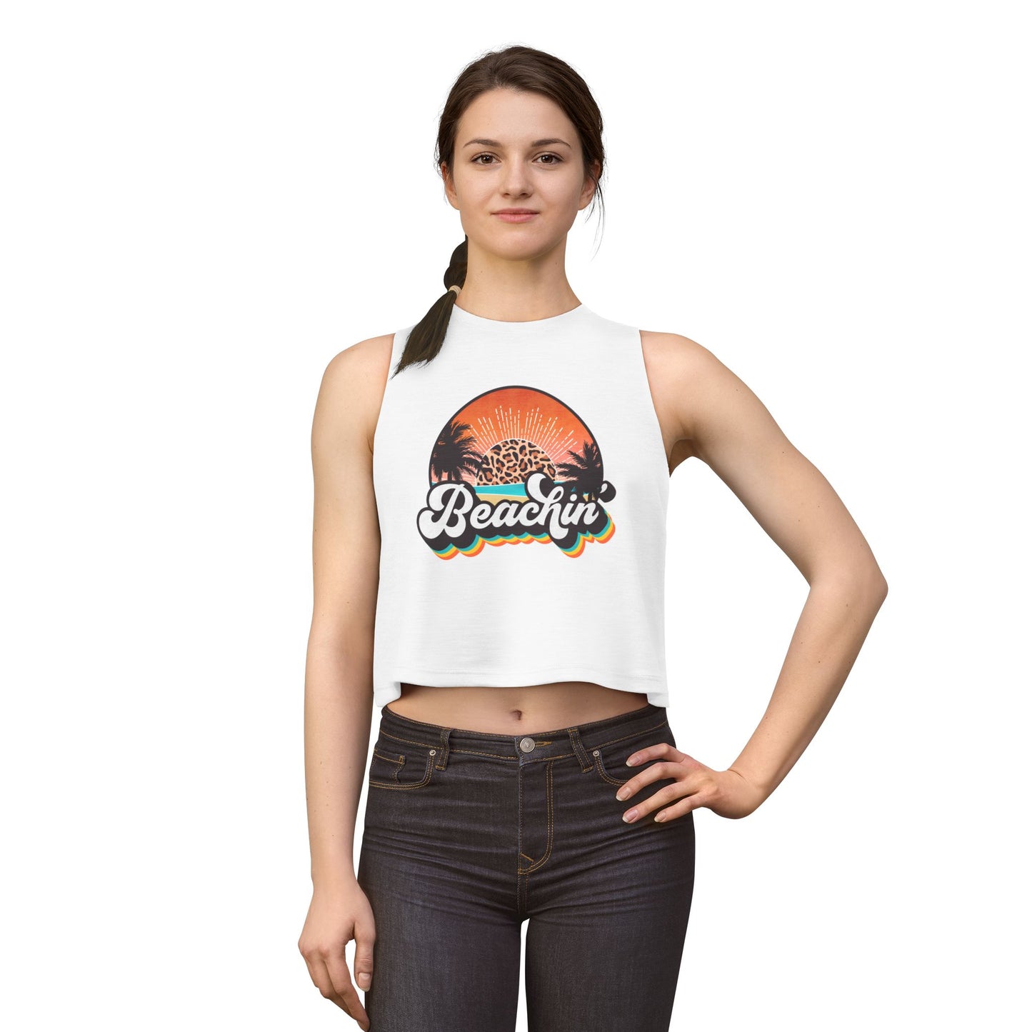 Beachin' Crop Top — Retro Sunset Palm Tank for Summer