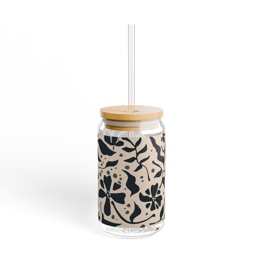 16oz Floral Glass Cup with Bamboo Lid and Straw