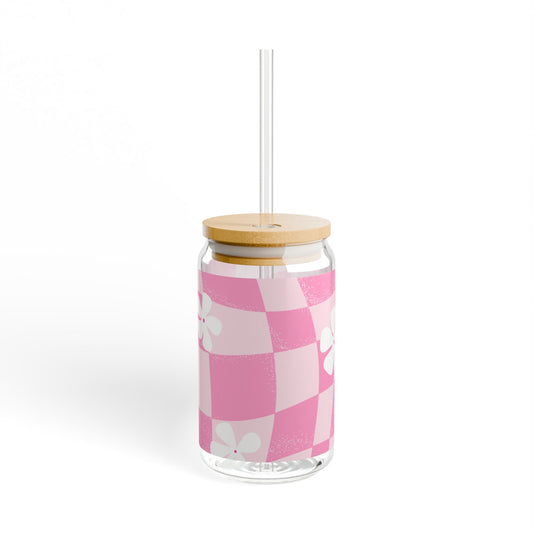 16oz Pink Checker Floral Glass Cup with Bamboo Lid and Straw