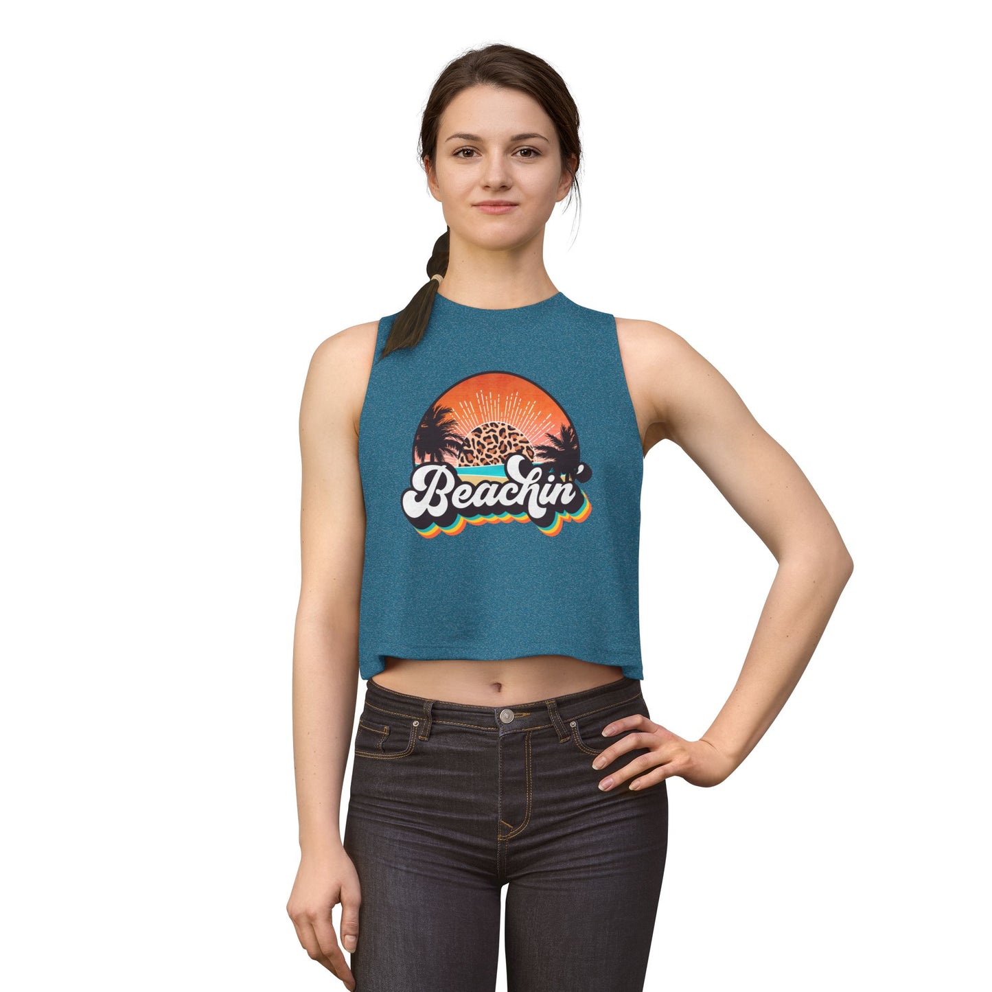 Beachin' Crop Top — Retro Sunset Palm Tank for Summer