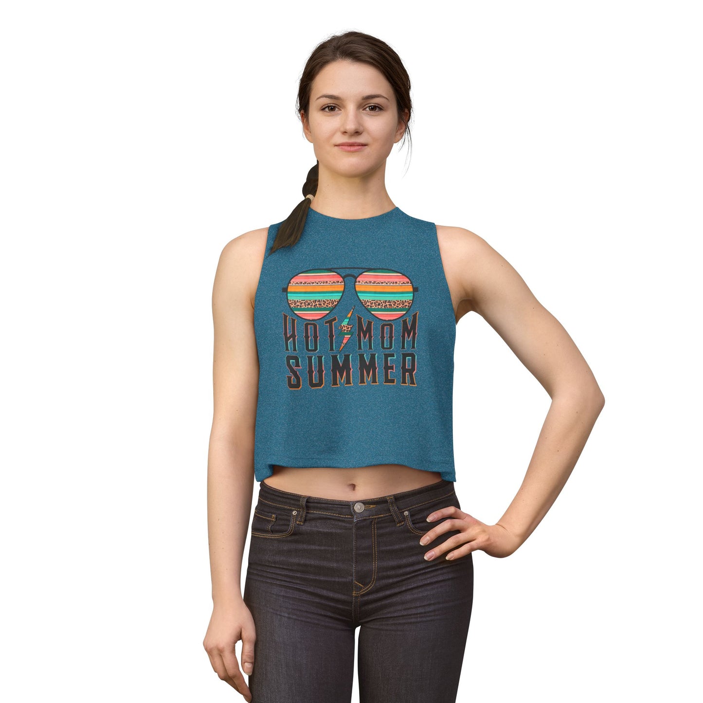 Hot Mom Summer Crop Top — Retro Sunglasses Graphic Tank for Moms, Beach & Vacation Tee