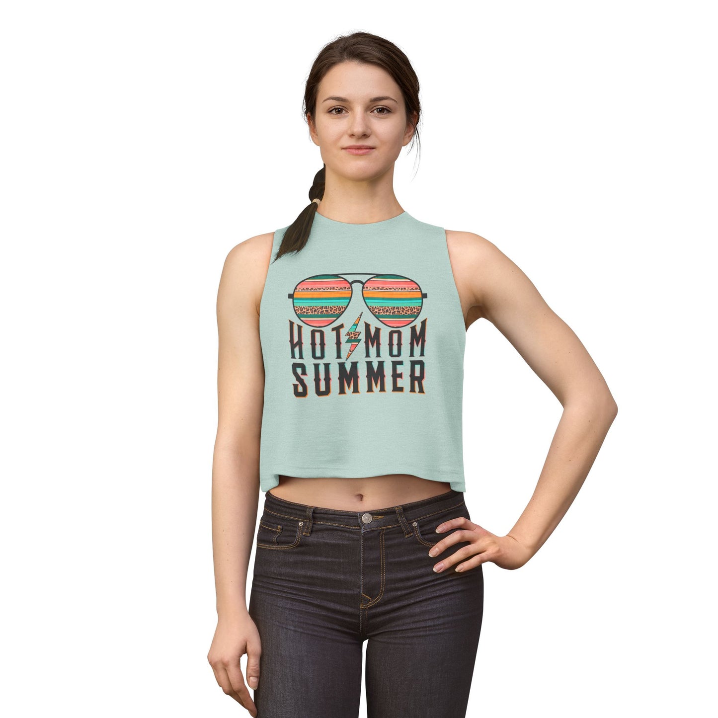 Hot Mom Summer Crop Top — Retro Sunglasses Graphic Tank for Moms, Beach & Vacation Tee