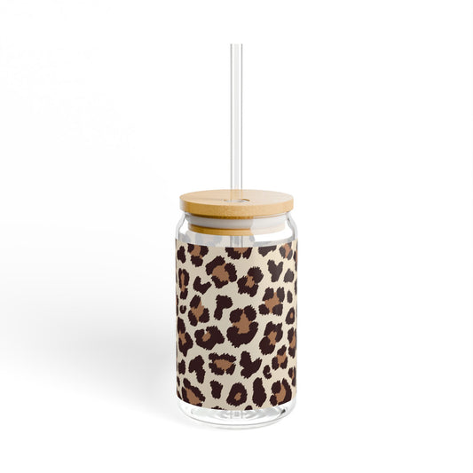 16oz Leopard Print Glass Cup with Bamboo Lid and Straw