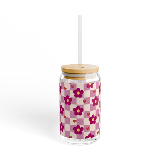 16oz Floral Checker Glass Cup with Bamboo Lid and Straw