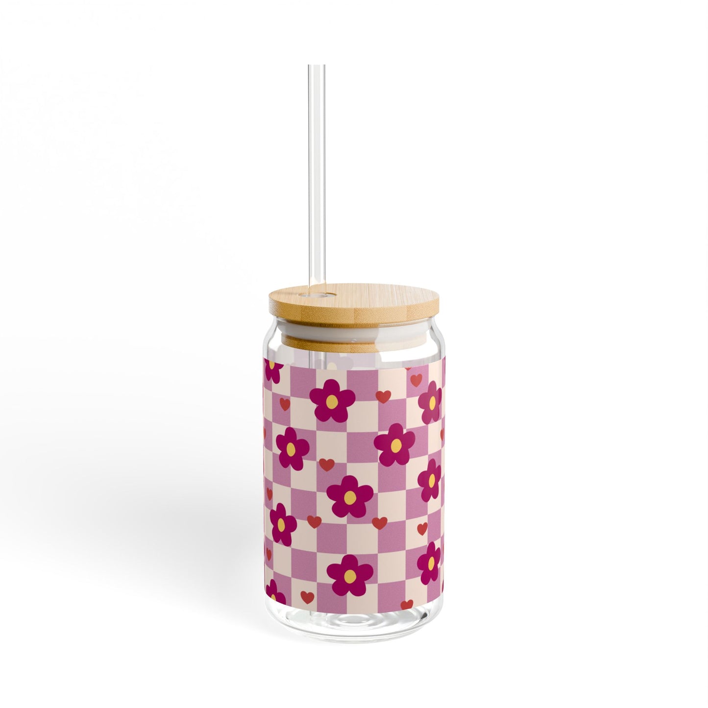 16oz Floral Checker Glass Cup with Bamboo Lid and Straw