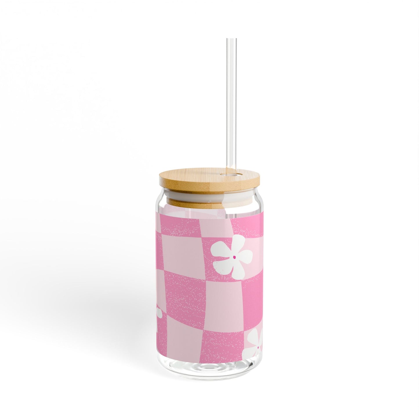 16oz Pink Checker Floral Glass Cup with Bamboo Lid and Straw