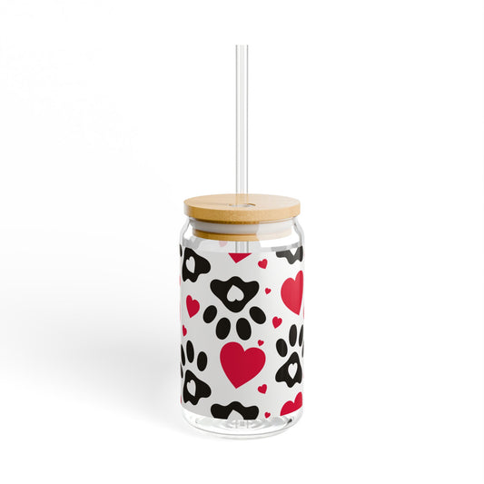 16oz Heart Paw Glass Cup with Bamboo Lid and Straw