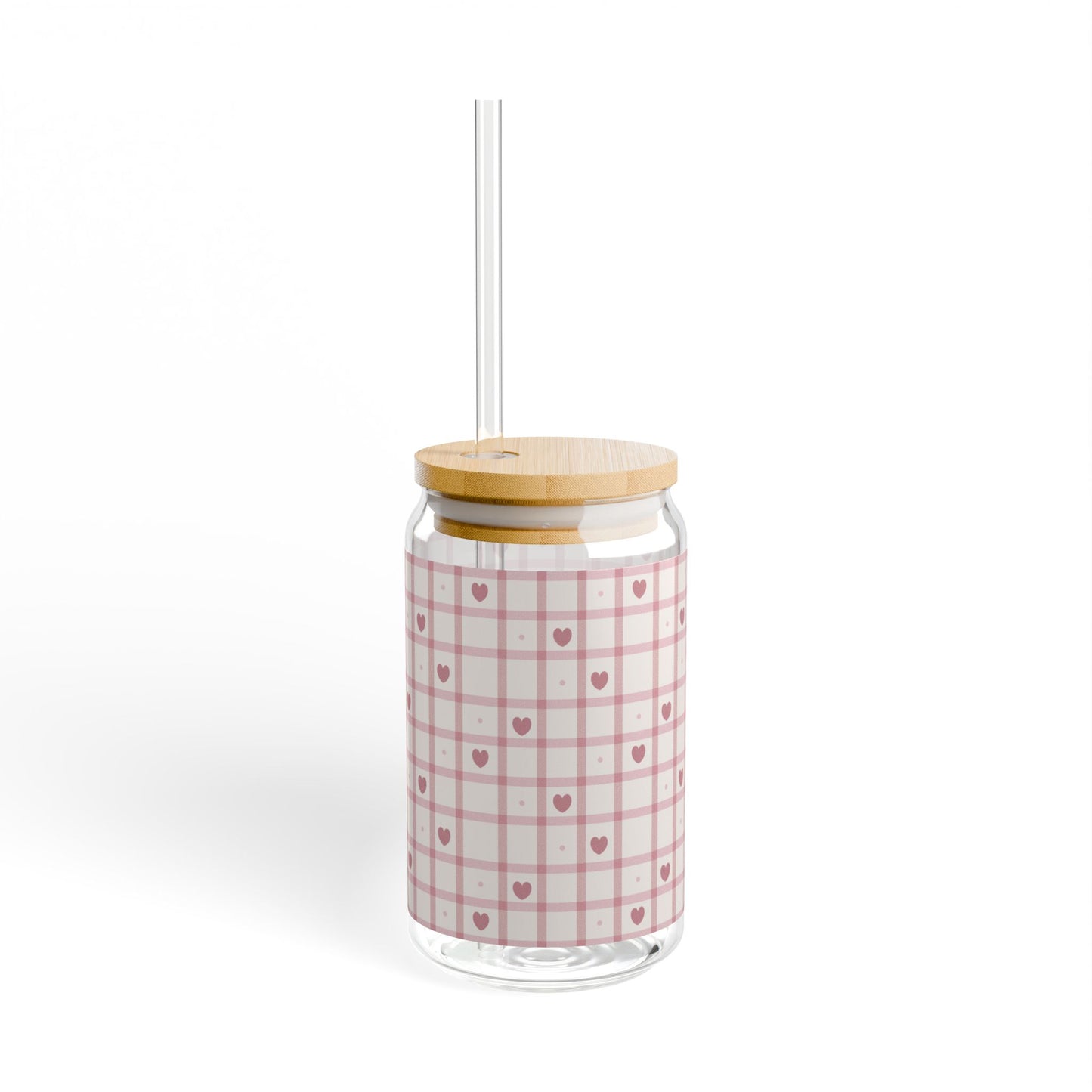 16oz Heart Grid Glass Cup with Bamboo Lid and Straw