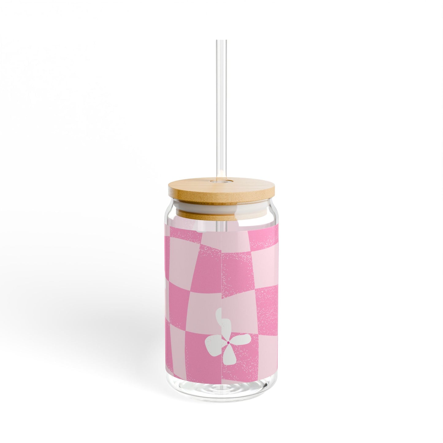 16oz Pink Checker Floral Glass Cup with Bamboo Lid and Straw