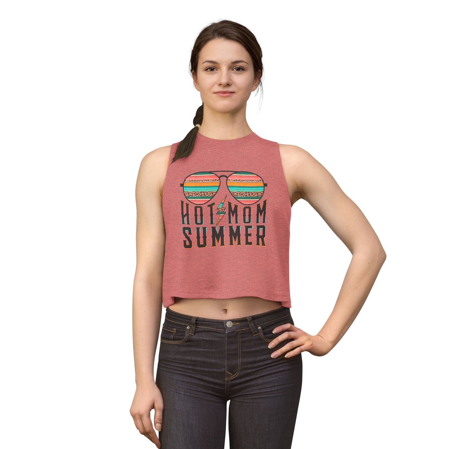 Hot Mom Summer Crop Top — Retro Sunglasses Graphic Tank for Moms, Beach & Vacation Tee