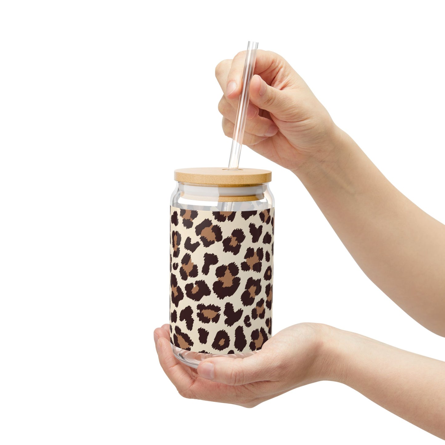 16oz Leopard Print Glass Cup with Bamboo Lid and Straw